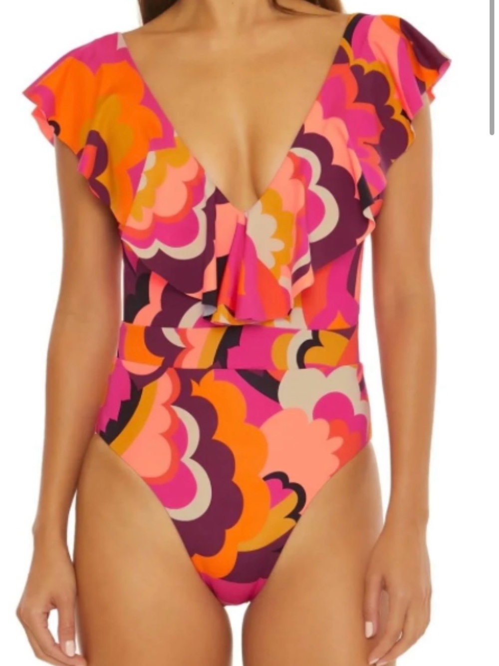 Trina Turk Pink Orange Multi Ruffle V-Neck One-Piece Swimsuit